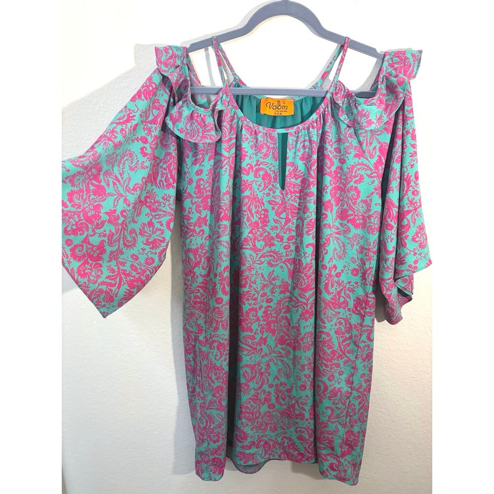 VOOM by Joy Han Sz L VTG Whimsigoth Boho Mini Dress ✨ Teal & Pink Floral Ruffle